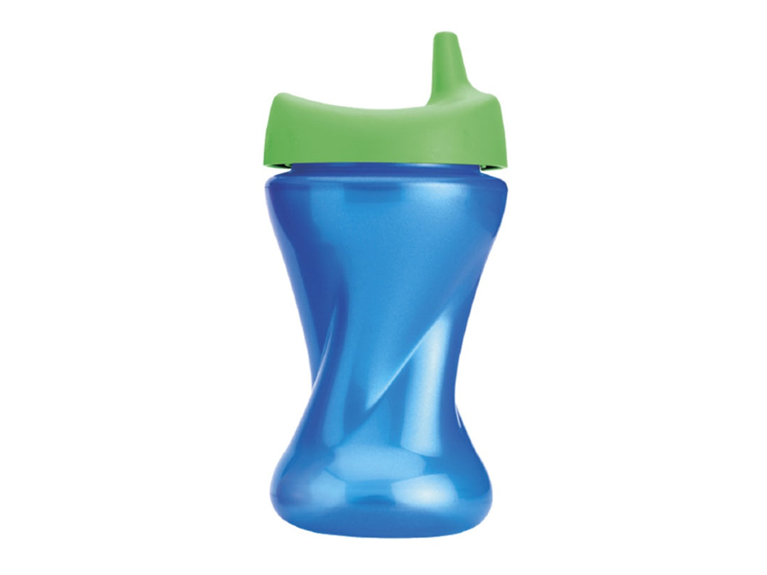 Vaso entrenador Evenflo de 300ml en color azul con boquilla dura de color verde y diseño ergonómico.