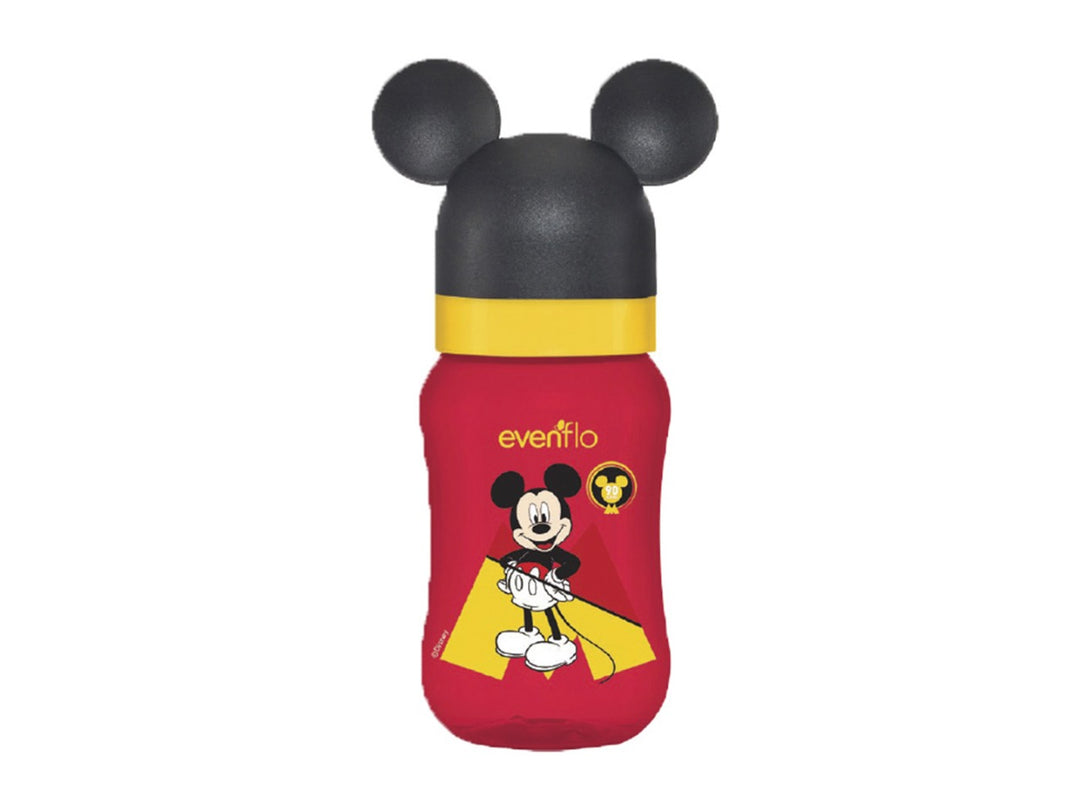 Biberón Evenflo rojo con tapa negra en forma de Mickey Mouse y detalle amarillo.