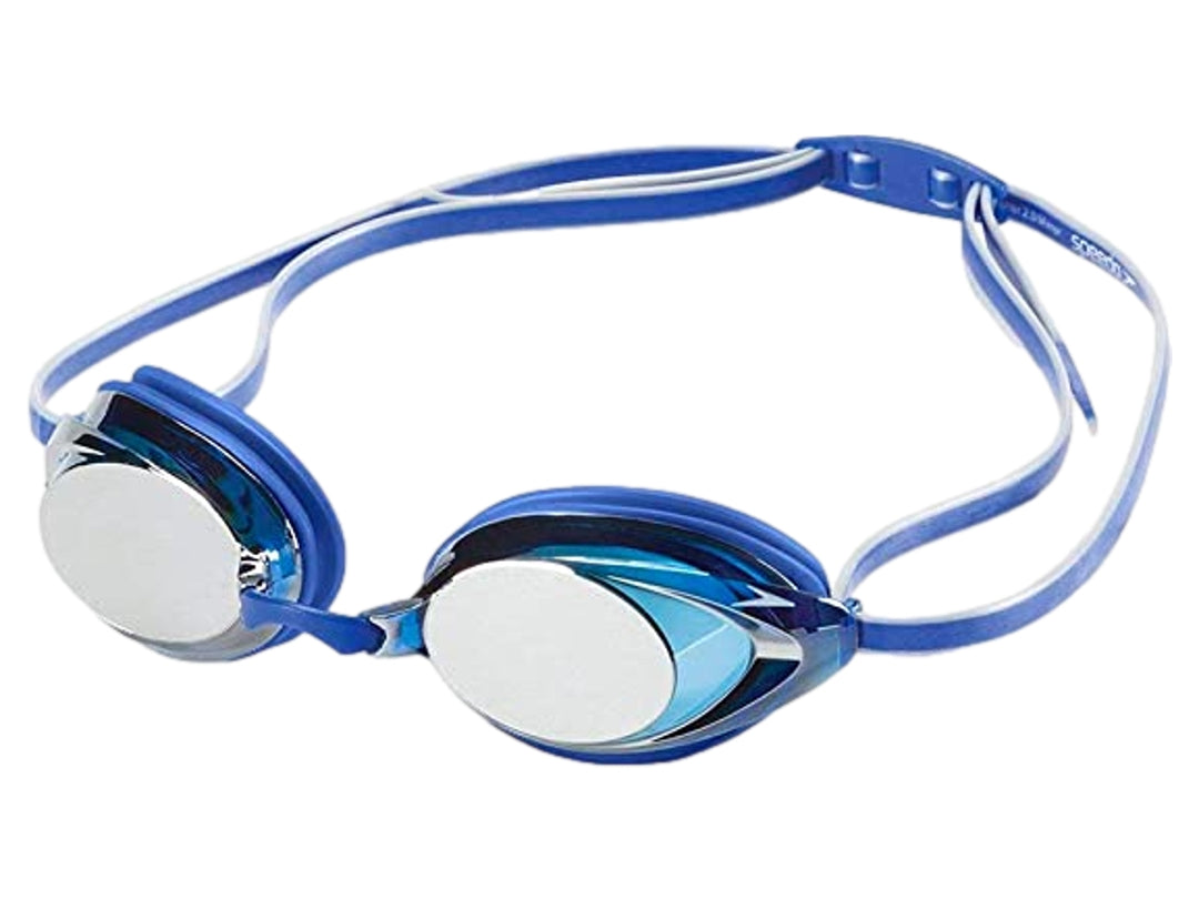 Goggles de natación Speedo Vanquisher 2.0 en color azul con lentes espejados plateados.