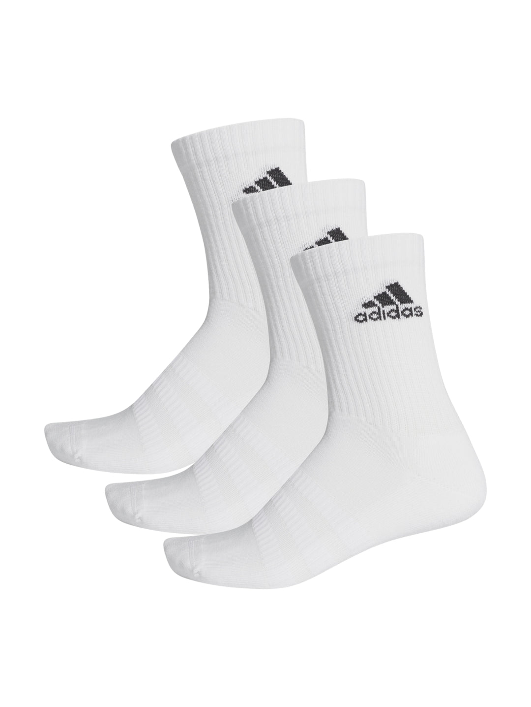 Paquete de tres calcetines blancos de cuello medio con logotipo de Adidas en color negro.