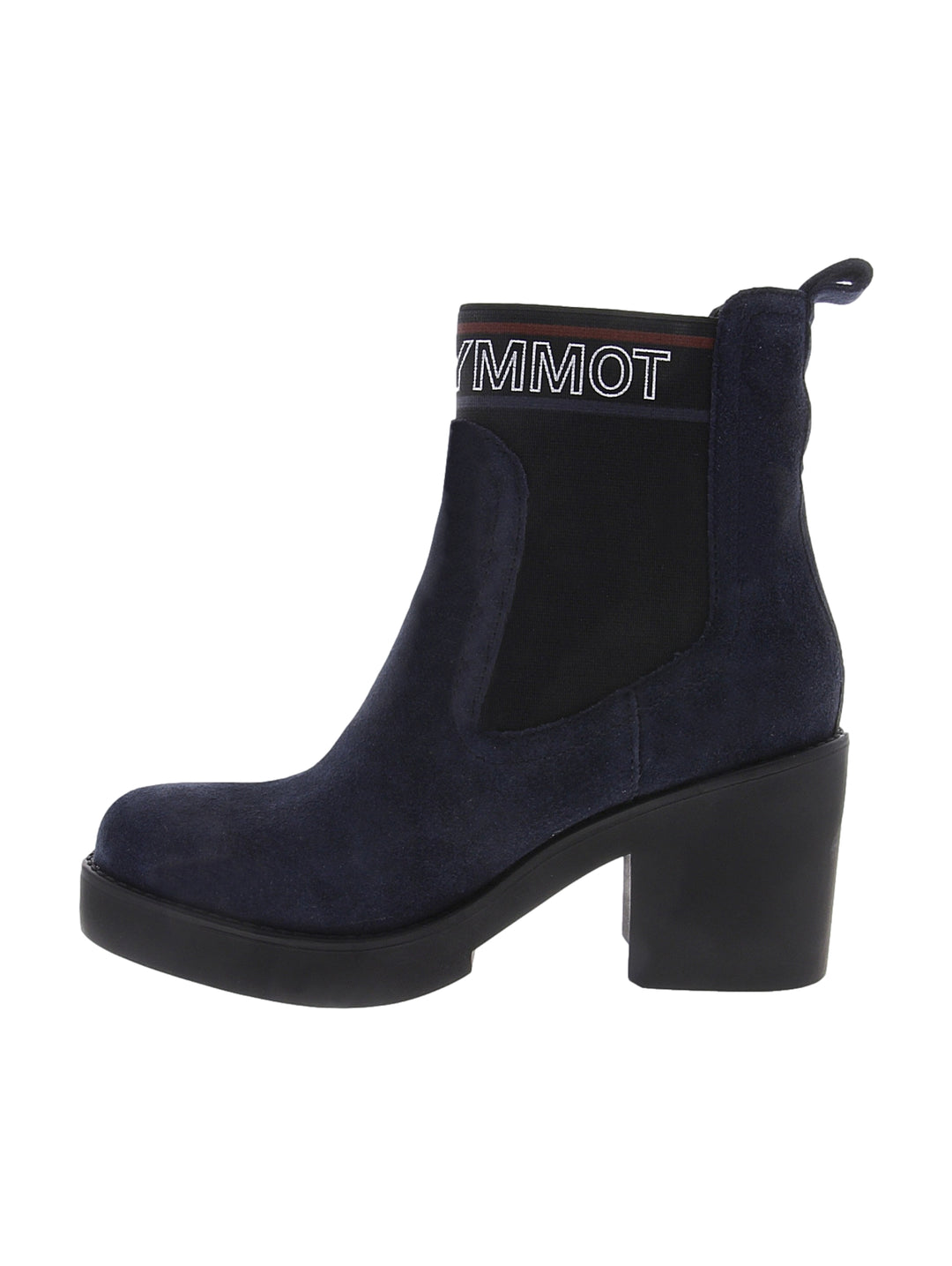 Botas Tommy Hilfiger de gamuza color azul marino con tacón cuadrado negro y detalle elástico lateral.