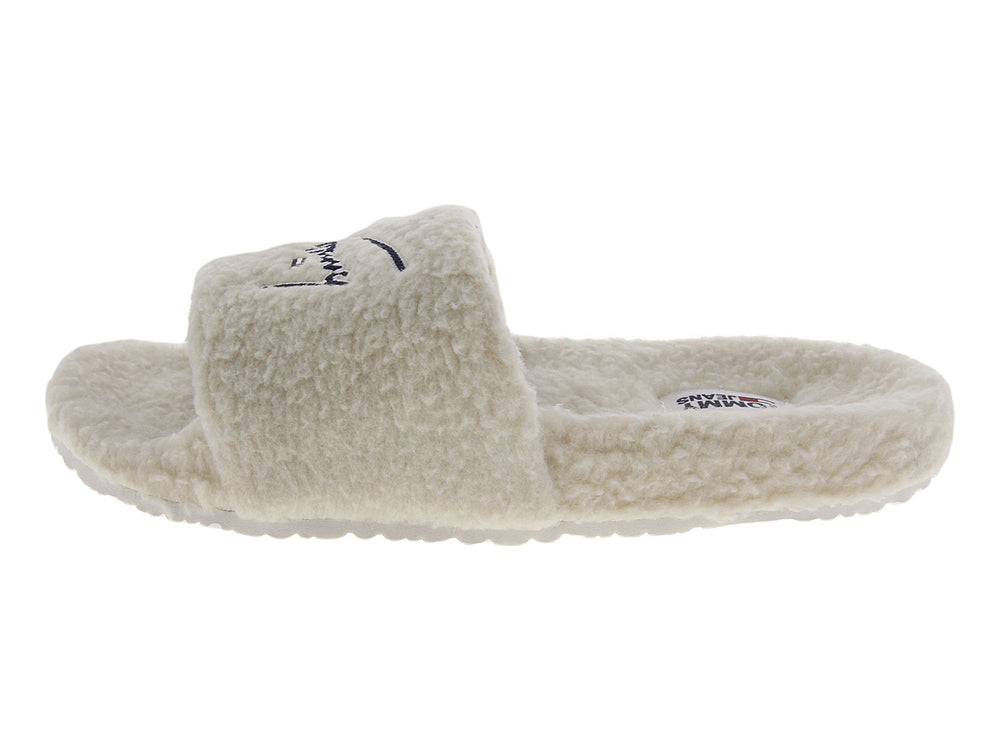 Pantuflas blancas Tommy Hilfiger Signature Teddy Slide para mujer con textura suave.