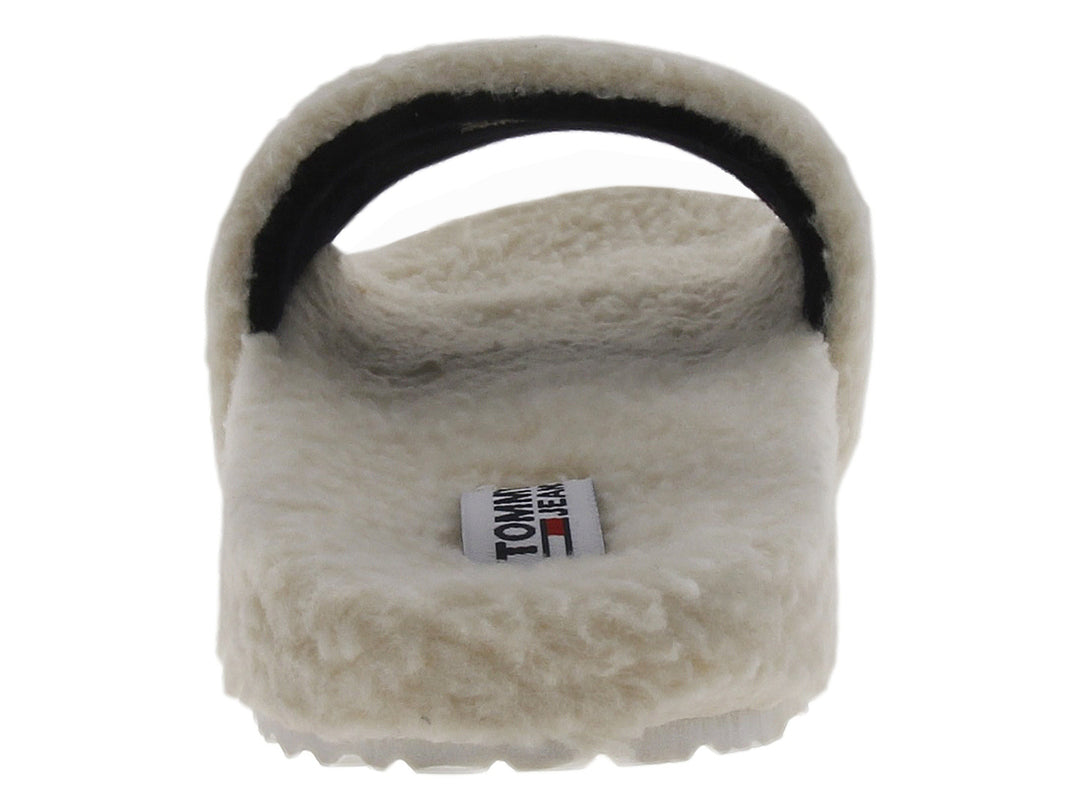 Pantuflas blancas Tommy Hilfiger Signature Teddy Slide para mujer con textura suave.