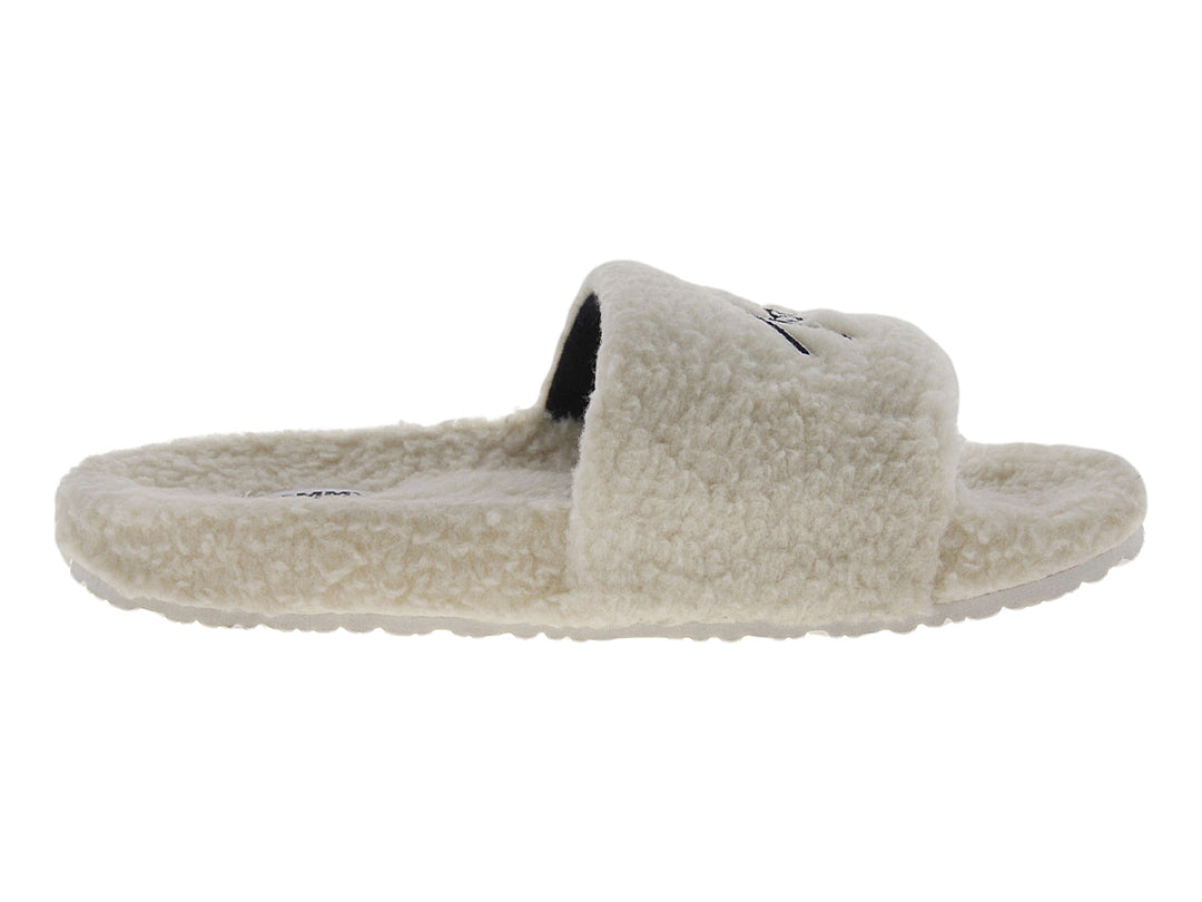 Pantuflas blancas Tommy Hilfiger Signature Teddy Slide para mujer con textura suave.