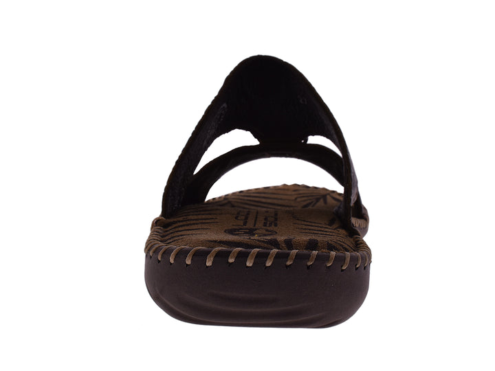 Sandalias marrón oscuro para hombre con correa tejida y costuras decorativas en la suela.