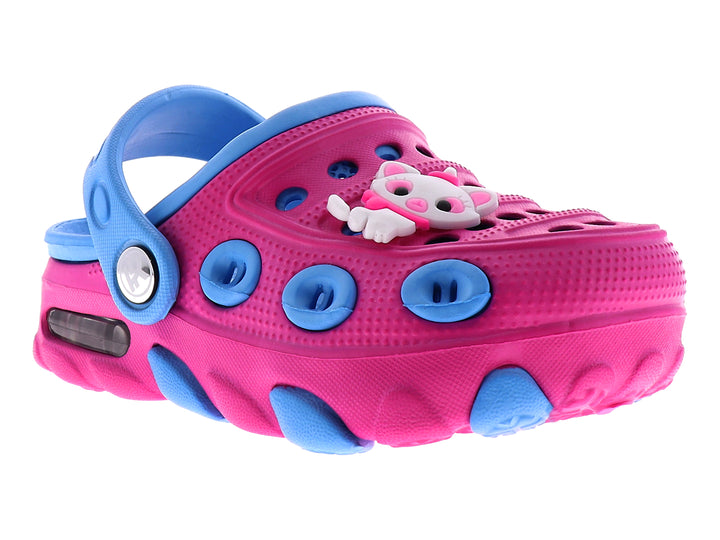Sandalia tipo zueco color fucsia y azul cielo con un pequeño adorno de gato blanco.