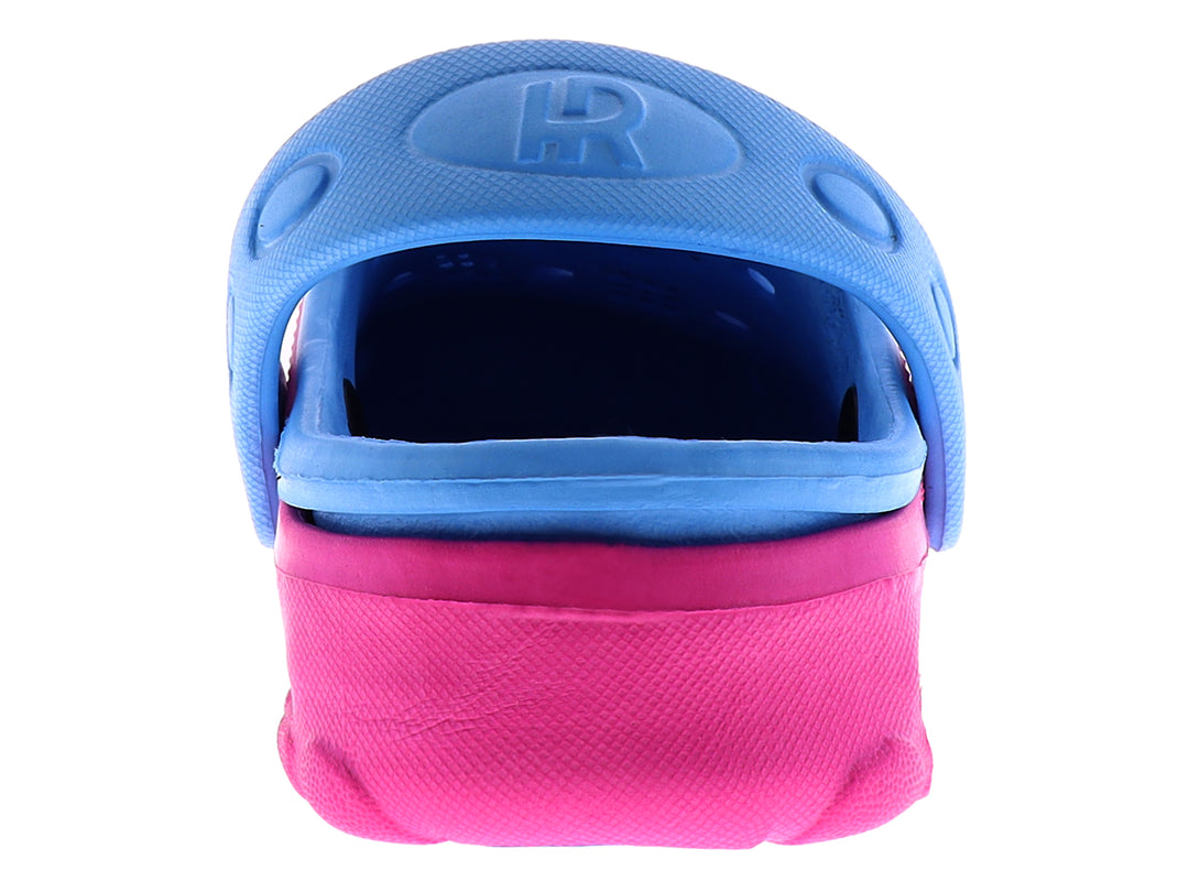 Sandalia tipo zueco color fucsia y azul cielo con un pequeño adorno de gato blanco.