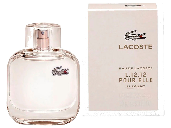 Botella de perfume Lacoste L.12.12 Pour Elle Elegant transparente junto a su caja blanca.