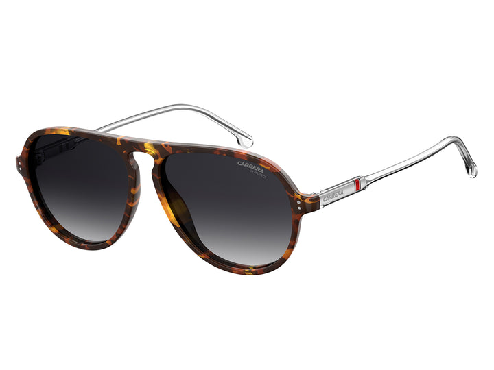 Lentes de sol Carrera para mujer con montura cuadrada color carey y patillas metálicas plateadas.