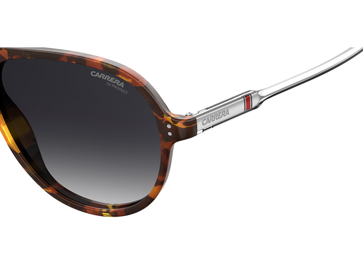 Lentes de sol Carrera para mujer con montura cuadrada color carey y patillas metálicas plateadas.