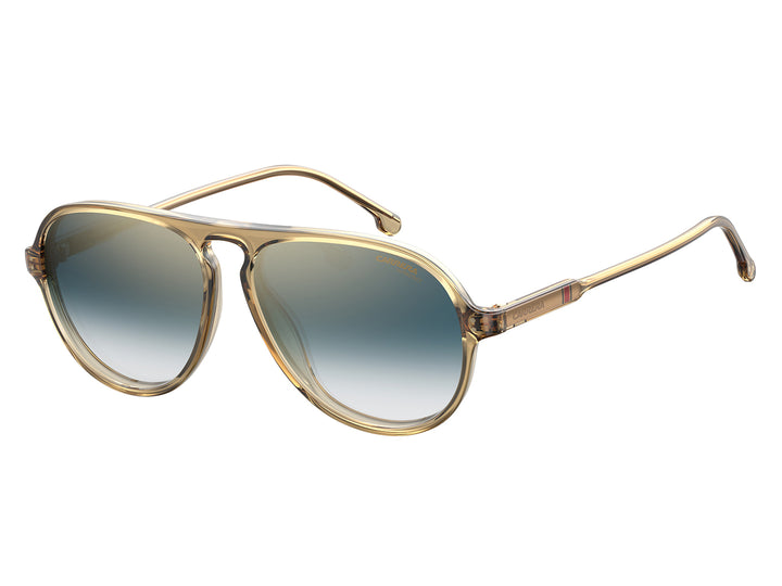 Lentes de sol Carrera con armazón transparente color ámbar y micas degradadas en tonos azules.