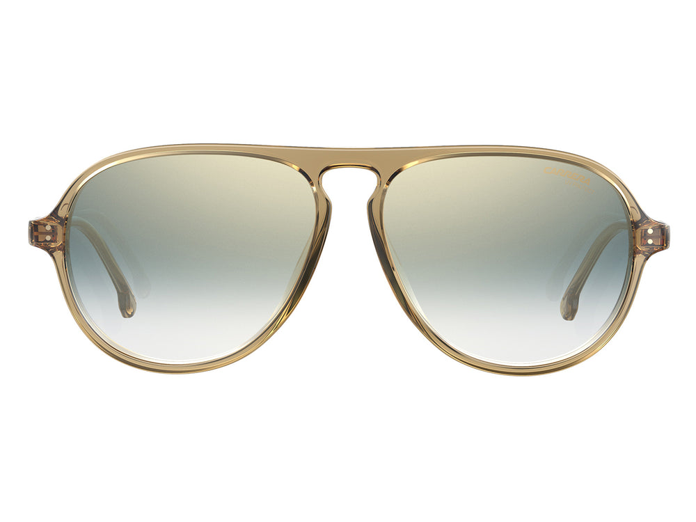 Lentes de sol Carrera con armazón transparente color ámbar y micas degradadas en tonos azules.