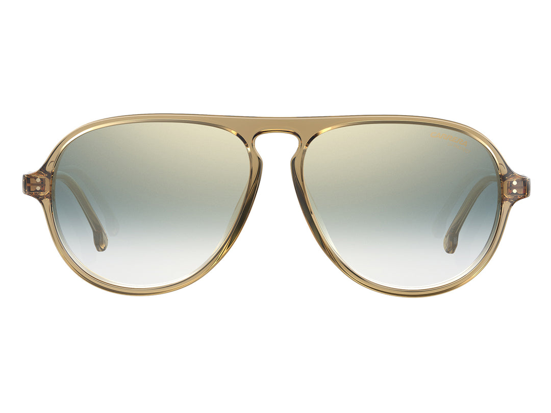 Lentes de sol Carrera con armazón transparente color ámbar y micas degradadas en tonos azules.