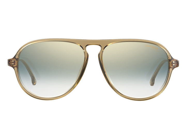 Lentes de sol Carrera con armazón transparente color ámbar y micas degradadas en tonos azules.