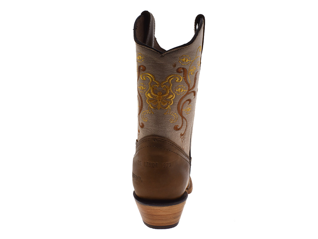 Botas vaqueras para mujer en color miel con tubo beige y detalles bordados amarillos.