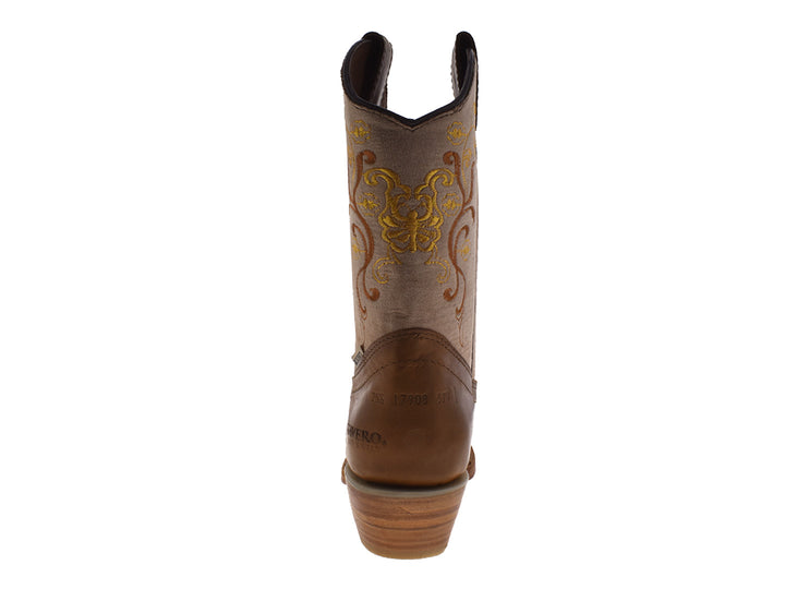 Botas vaqueras para mujer en color marrón y beige con detalles bordados en amarillo.