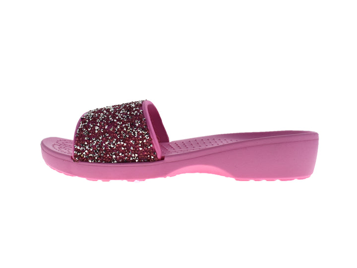 Sandalias rosa para mujer con correa decorada con glitter brillante.