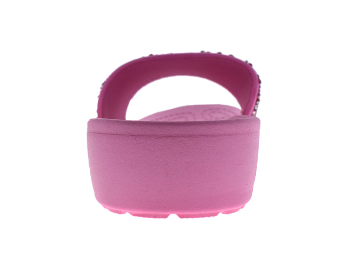 Sandalias rosa para mujer con correa decorada con glitter brillante.