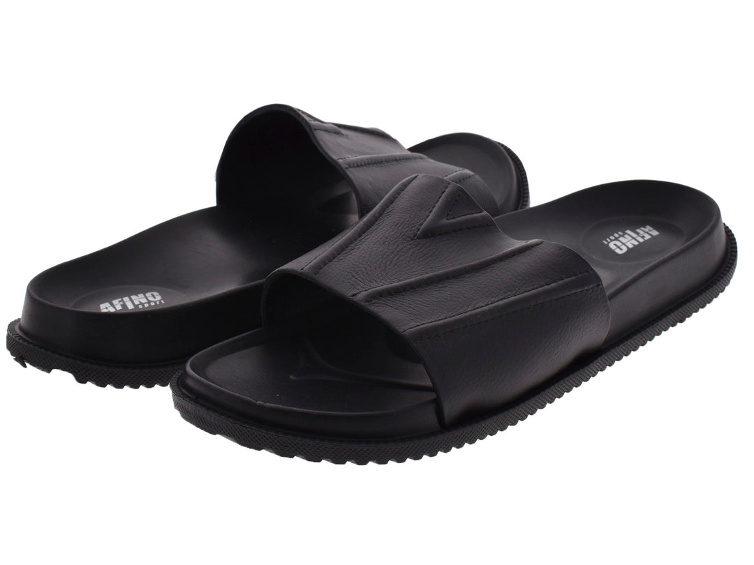Par de sandalias negras para hombre estilo slide con textura sintética y suela antideslizante.