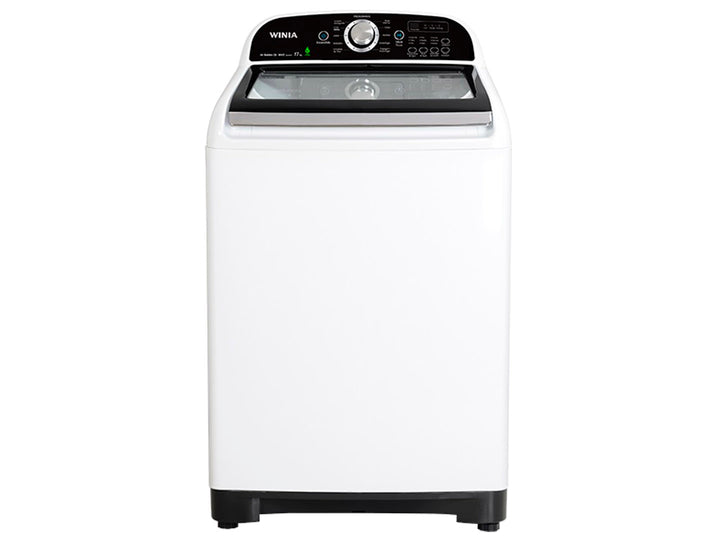 Lavadora de carga superior color blanco con panel de control negro en la parte superior.