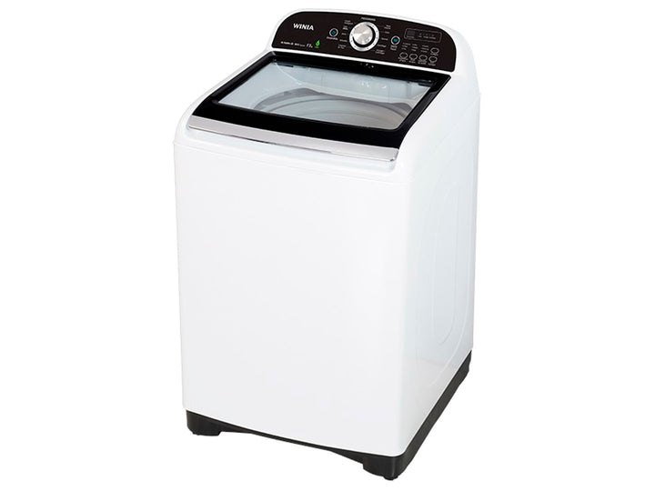 Lavadora de carga superior color blanco con panel de control negro en la parte superior.