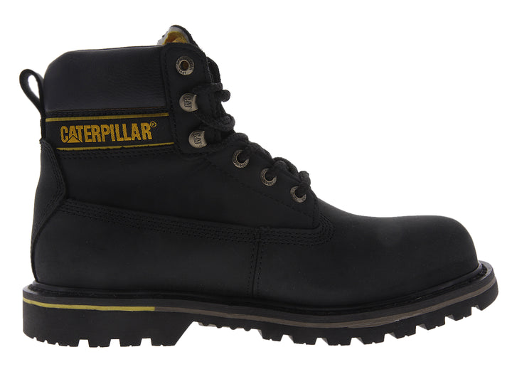 Bota de trabajo Caterpillar en color negro con detalles amarillos y suela resistente.