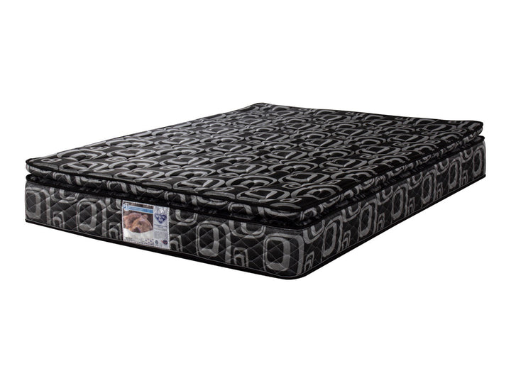 Colchón Spring Air Morgan Pillow Top color negro con patrones geométricos en gris, tamaño King Size.