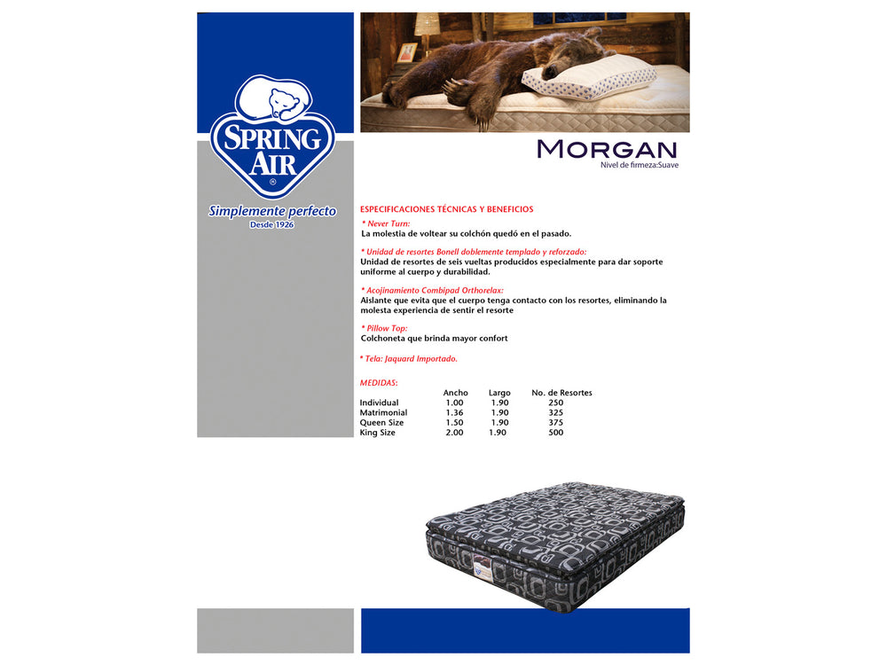 Colchón Spring Air Morgan Pillow Top color negro con patrones geométricos en gris, tamaño King Size.