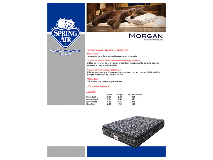 Colchón Spring Air Morgan Pillow Top color negro con patrones geométricos en gris, tamaño King Size.