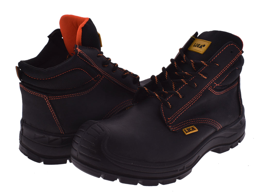 Botas negras LICA con costuras y forro interior naranja para hombre.