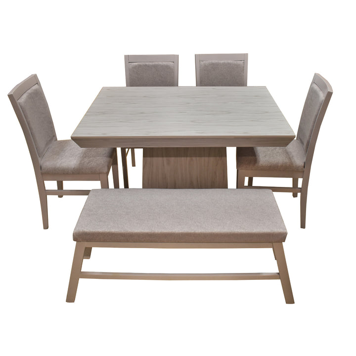 Conjunto de comedor con mesa cuadrada, cuatro sillas y una banca en tonos blanco y gris.