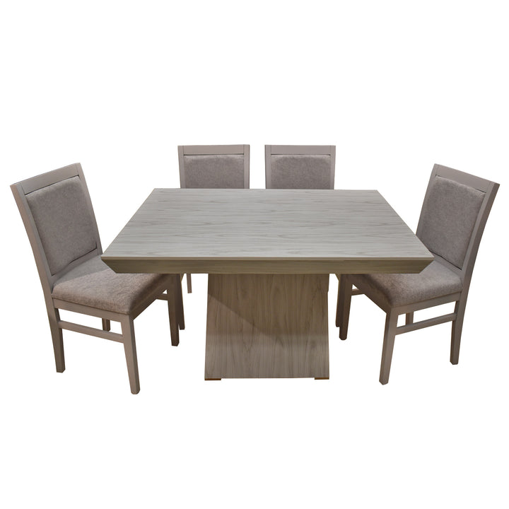 Conjunto de comedor con mesa cuadrada, cuatro sillas y una banca en tonos blanco y gris.