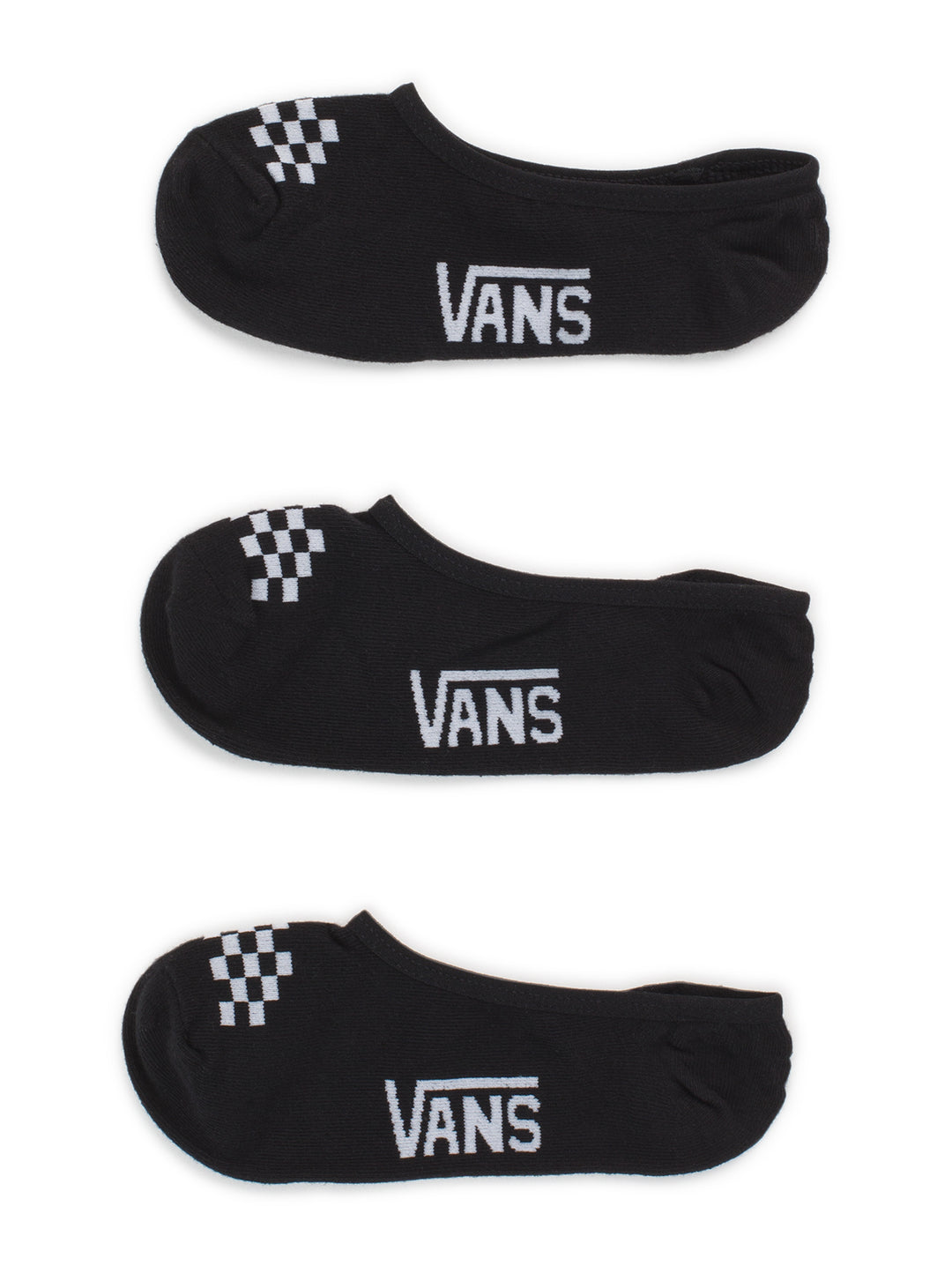 Tres pares de calcetines cortos Vans color negro con logotipo blanco y patrón de cuadros en la punta.