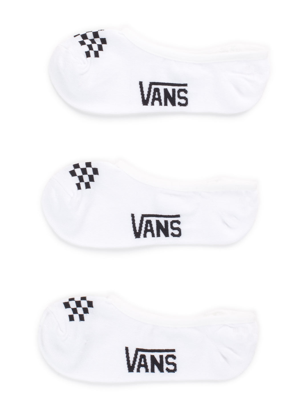 Set de tres calcetines cortos Vans color blanco con detalle de cuadros negros y logotipo.