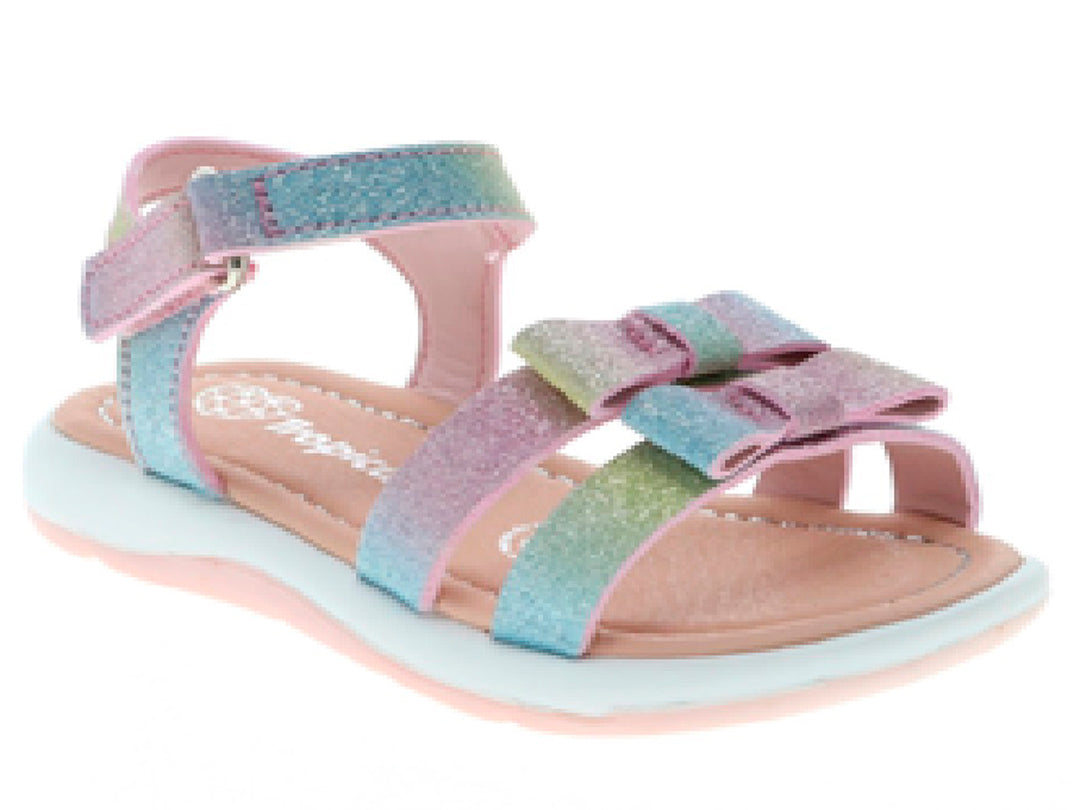 Sandalia para niña multicolor con acabado brillante y moño decorativo frontal.