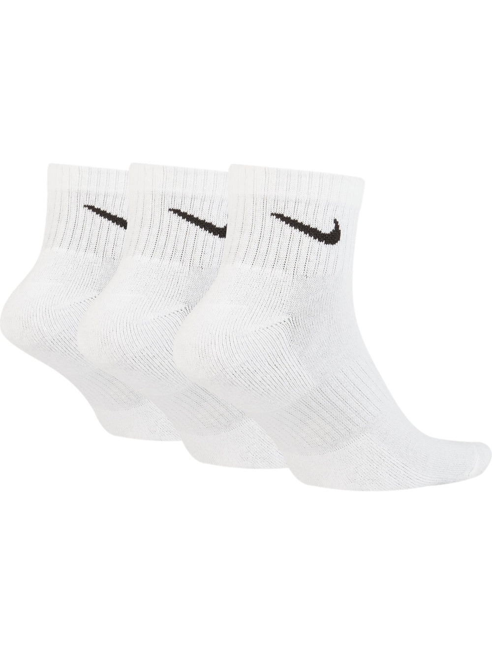 Calcetines cortos Nike color blanco con logotipo negro, mostrados en par y en pack de tres.