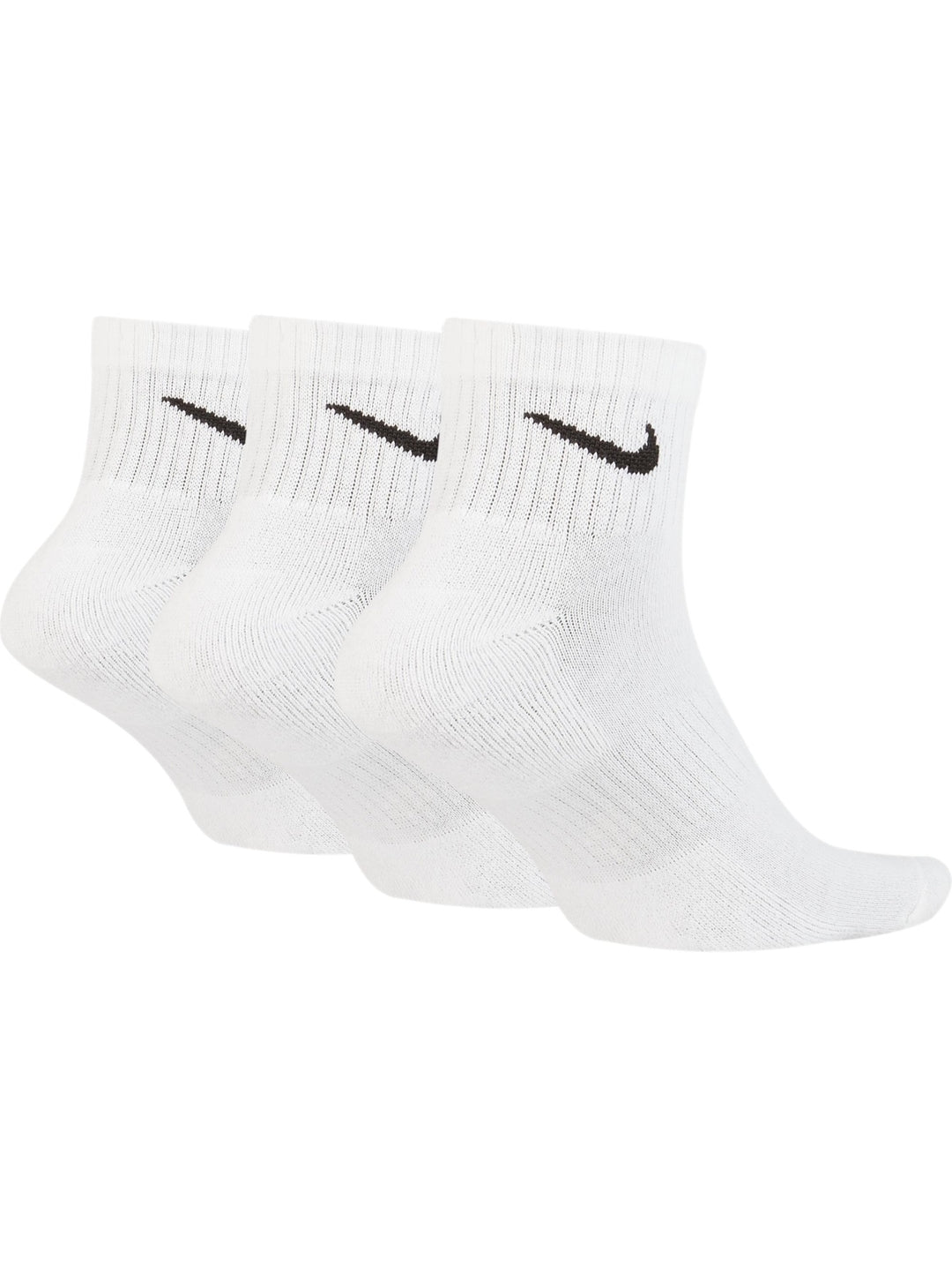 Calcetines cortos Nike color blanco con logotipo negro, mostrados en par y en pack de tres.