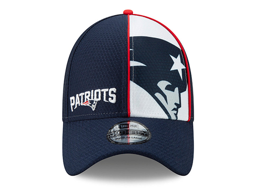 Gorra New Era de los New England Patriots en color azul marino con panel frontal blanco y detalles rojos.