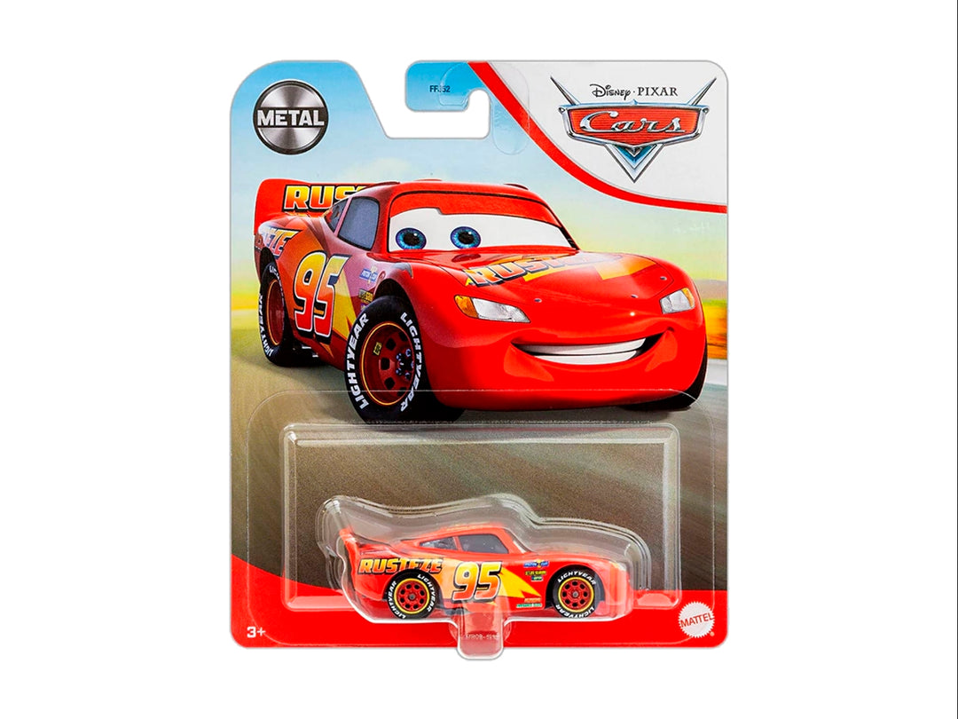 Vehículo de juguete Lightning McQueen de metal en color rojo con detalles amarillos, empacado en blister de Mattel.