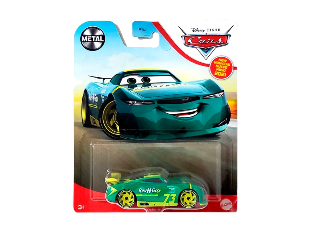 Vehículo de juguete Lightning McQueen de metal en color rojo con detalles amarillos, empacado en blister de Mattel.