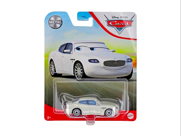 Vehículo de juguete Lightning McQueen de metal en color rojo con detalles amarillos, empacado en blister de Mattel.