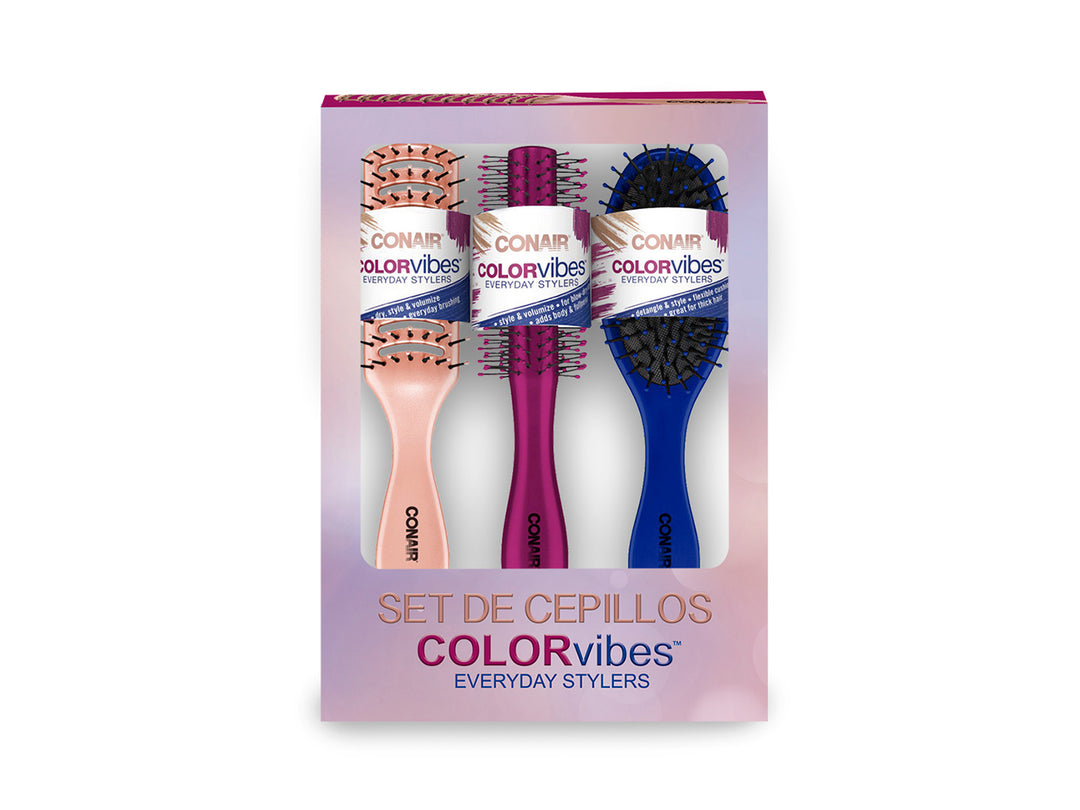 Set de tres cepillos para el cabello Conair Colorvibes en colores rosa, magenta y azul.