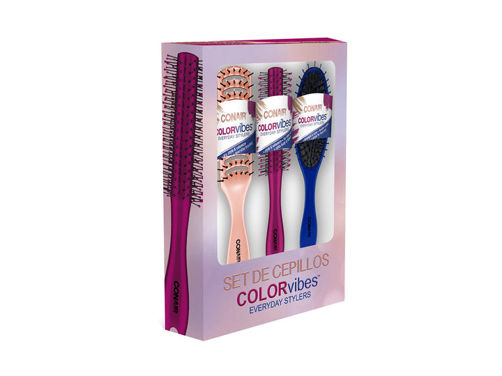 Set de tres cepillos para el cabello Conair Colorvibes en colores rosa, magenta y azul.