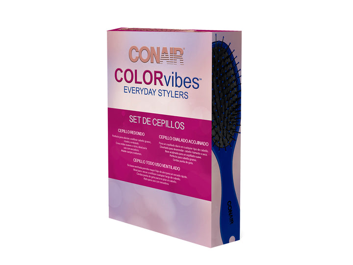 Set de tres cepillos para el cabello Conair Colorvibes en colores rosa, magenta y azul.