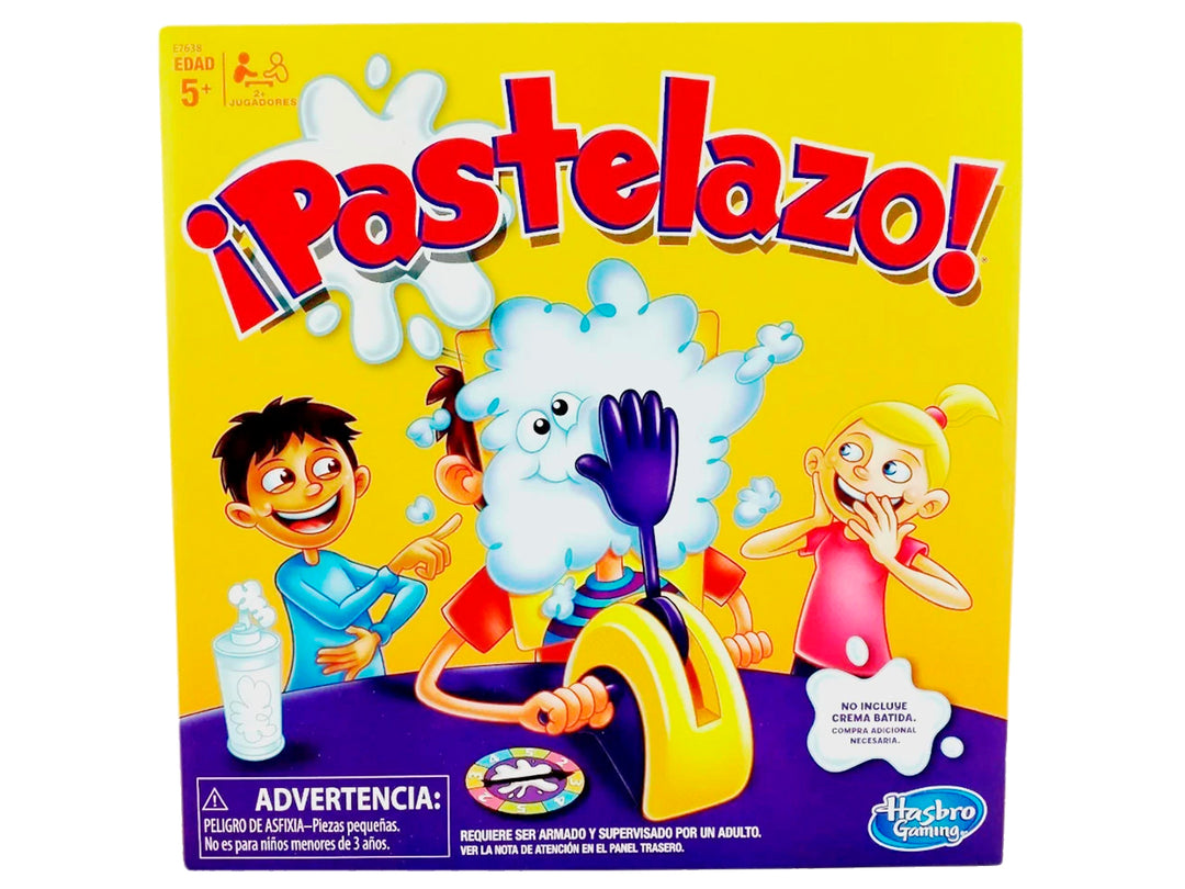Caja del juego de mesa Pastelazo de Hasbro con fondo amarillo e ilustraciones de niños jugando.