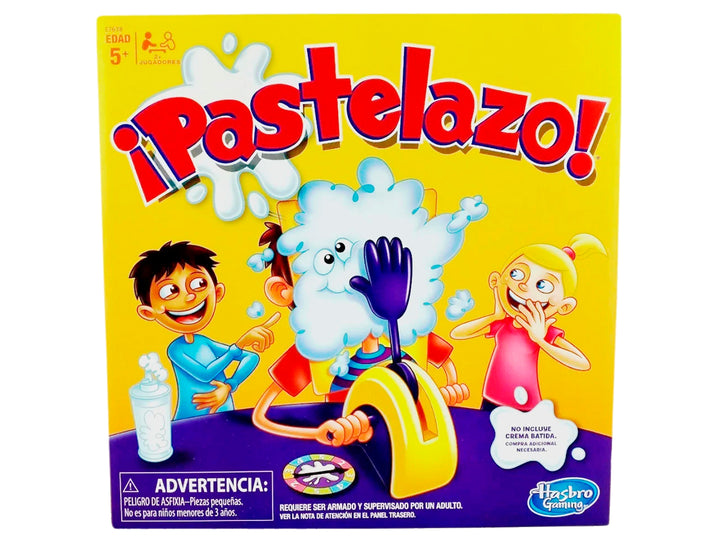 Caja del juego de mesa Pastelazo de Hasbro con fondo amarillo e ilustraciones de niños jugando.