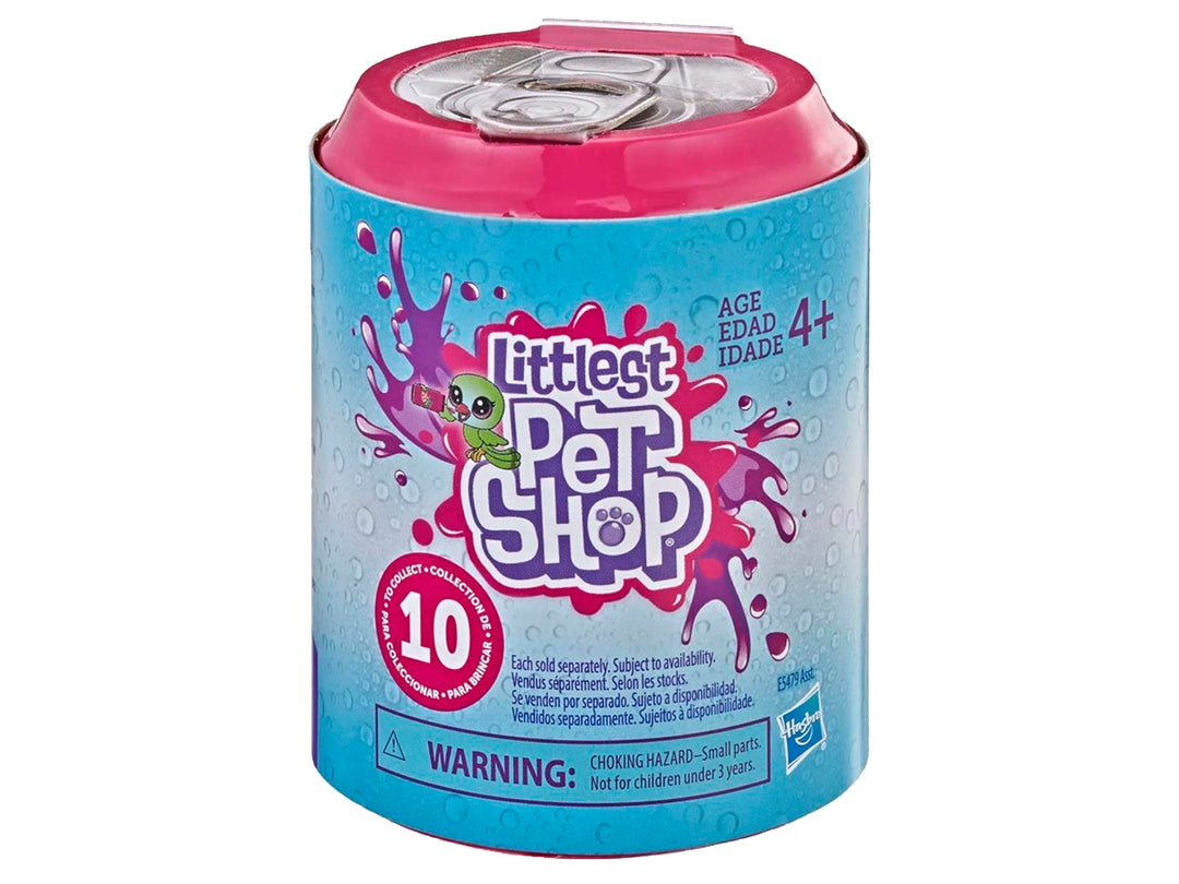 Lata coleccionable de Littlest Pet Shop en colores azul y rosa con logotipo frontal.