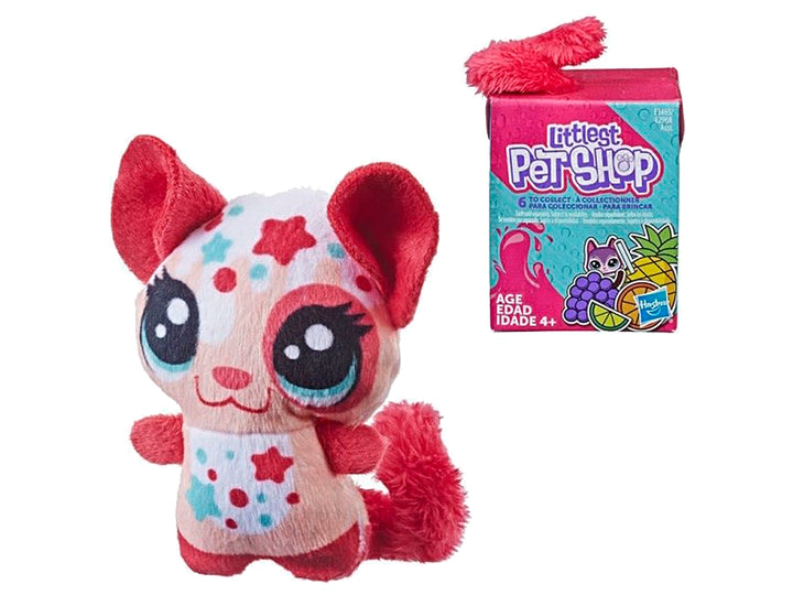 Peluche de mascota Littlest Pet Shop de Hasbro en colores rojo y blanco con manchas azules y su empaque