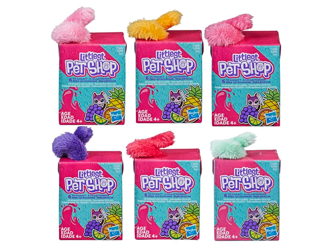 Peluche de mascota Littlest Pet Shop de Hasbro en colores rojo y blanco con manchas azules y su empaque