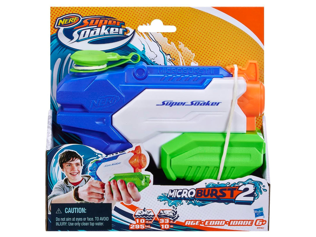 Pistola de agua Nerf Super Soaker Microburst 2 en colores azul, blanco y verde en su empaque.